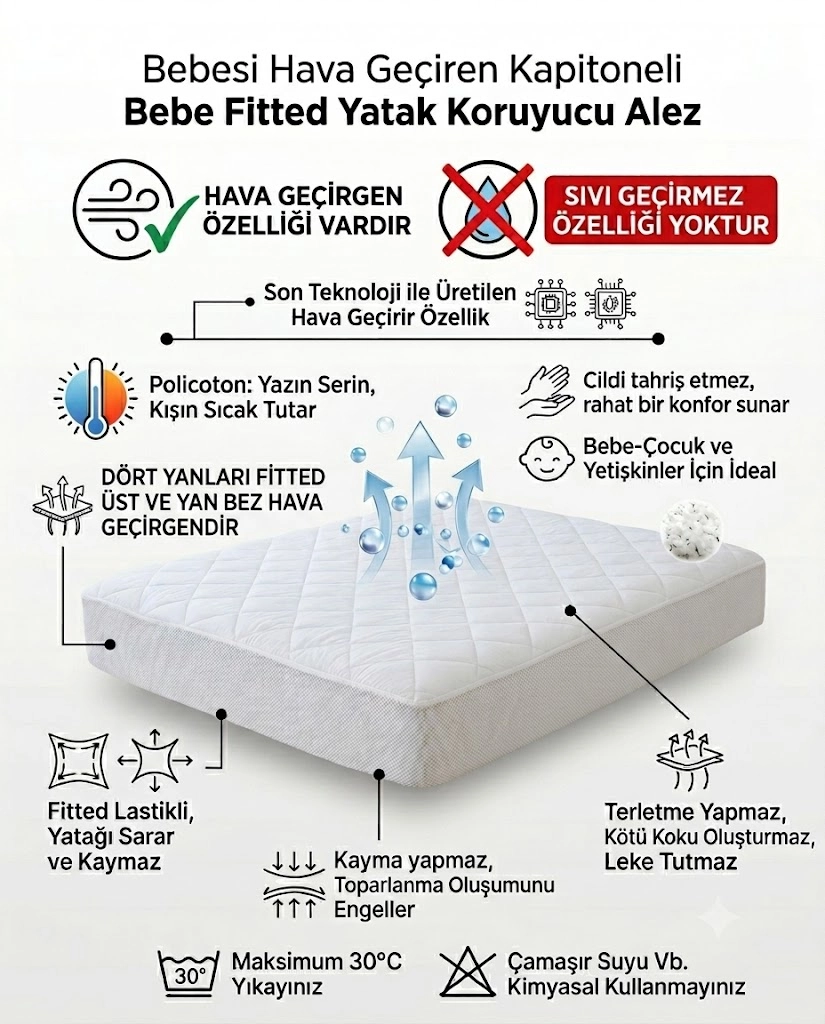 Bebesi 70x110%20cm%20Kapitoneli%20Hava%20Geçirgen%20Bebe%20fi̇tted%20yatak%20koruyucu%20alez