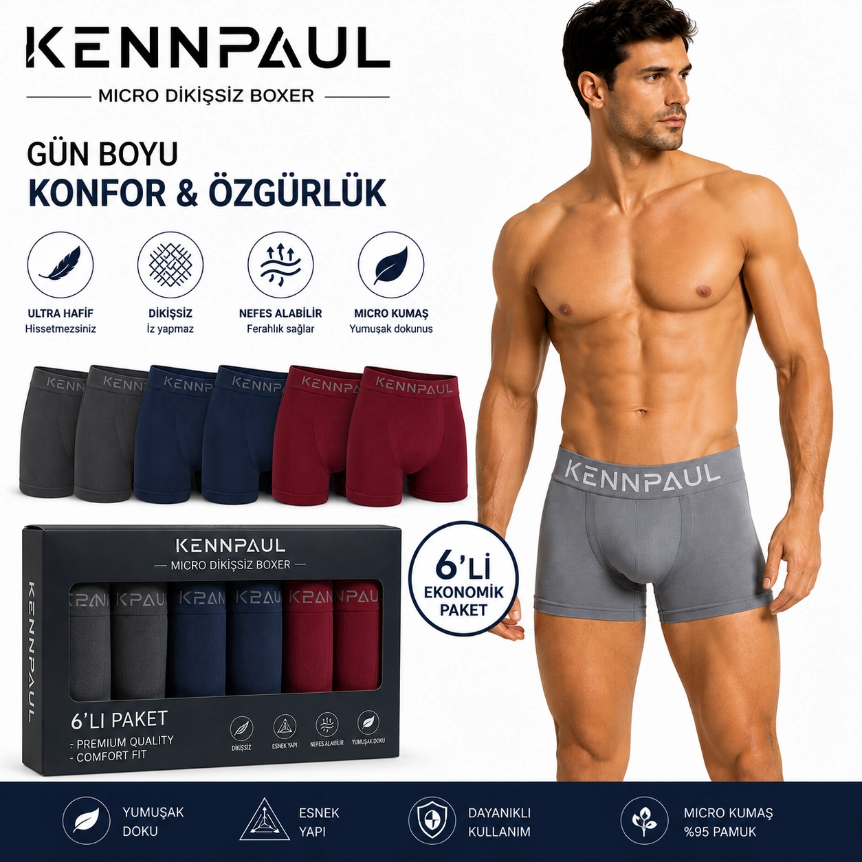 Kennpaul%20Mikro%20Dikişsiz%20Erkek%20Boxer%206%20Lı%20Paket