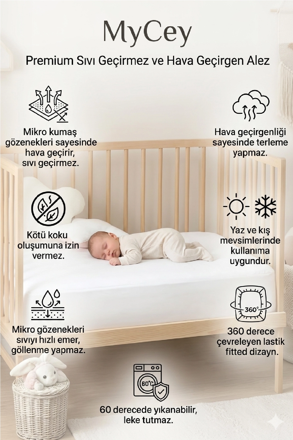 MyCey%2070x140%20Cm%20Sıvı%20Geçirmez%20Fitted%20Alez%20Bebe%20Micro%20Kumaş%20Yatak%20Koruyucu%20Alez