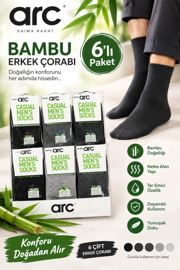 ARC Erkek Dikişsiz Burun Sıkmayan Lastikli Viskon Bambu Soket Çorap 6 ADET – Yumuşak ve Nefes Alabilen Konforlu Yapı