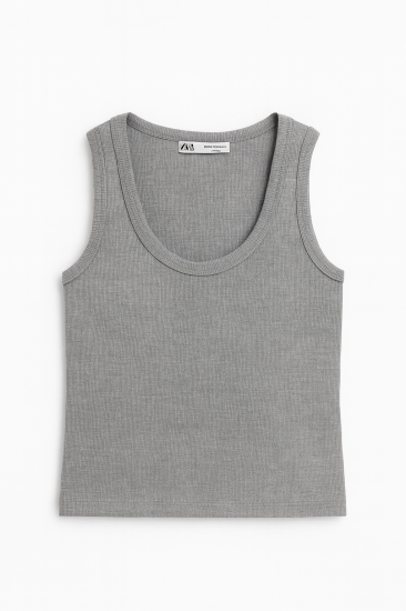 Kadın Gri Kaşkorse Kumaş Geniş Askılı Crop Bluz