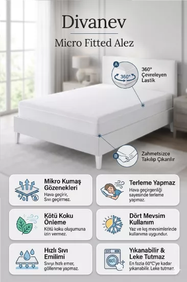 Divanev 70x140 Cm Yatak Koruyucu Alez Sıvı Geçirmez Fitted Alez Bebe Micro Kumaş