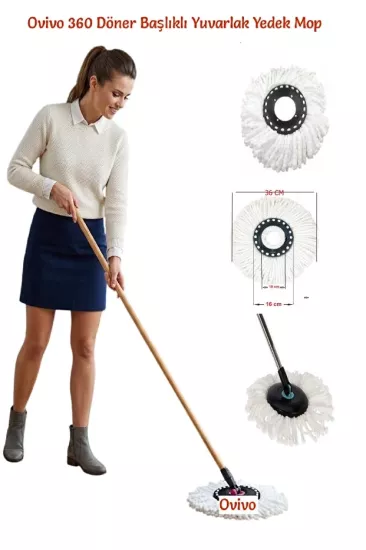 Ovivo 2 adet 360° Döner yuvarlak mikrofiber Mop paspas Yedek Ucu