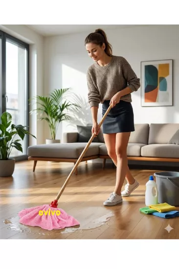 ovivo Wellsoft Mop Paspas Mop Yedek Ucu Ve Ahşap Sapı ile Takım