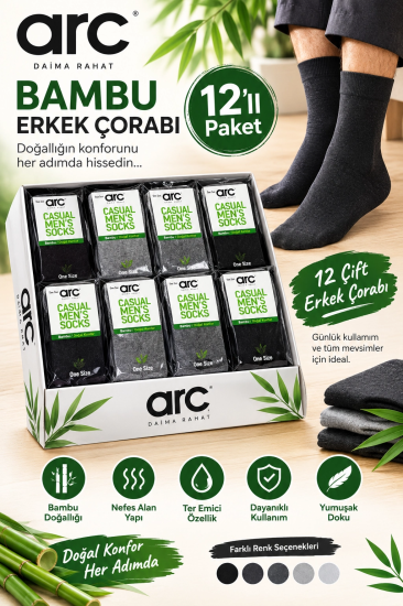 ARC Erkek Dikişsiz Burun Sıkmayan Lastikli Viskon Bambu Soket Çorap 12 ADET – Yumuşak ve Nefes Alabilen Konforlu Yapı
