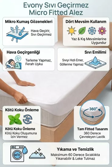 Evony Fitted Alez 70x140 Cm Sıvı Geçirmez Bebe Micro Kumaş Yatak Koruyucu Alez