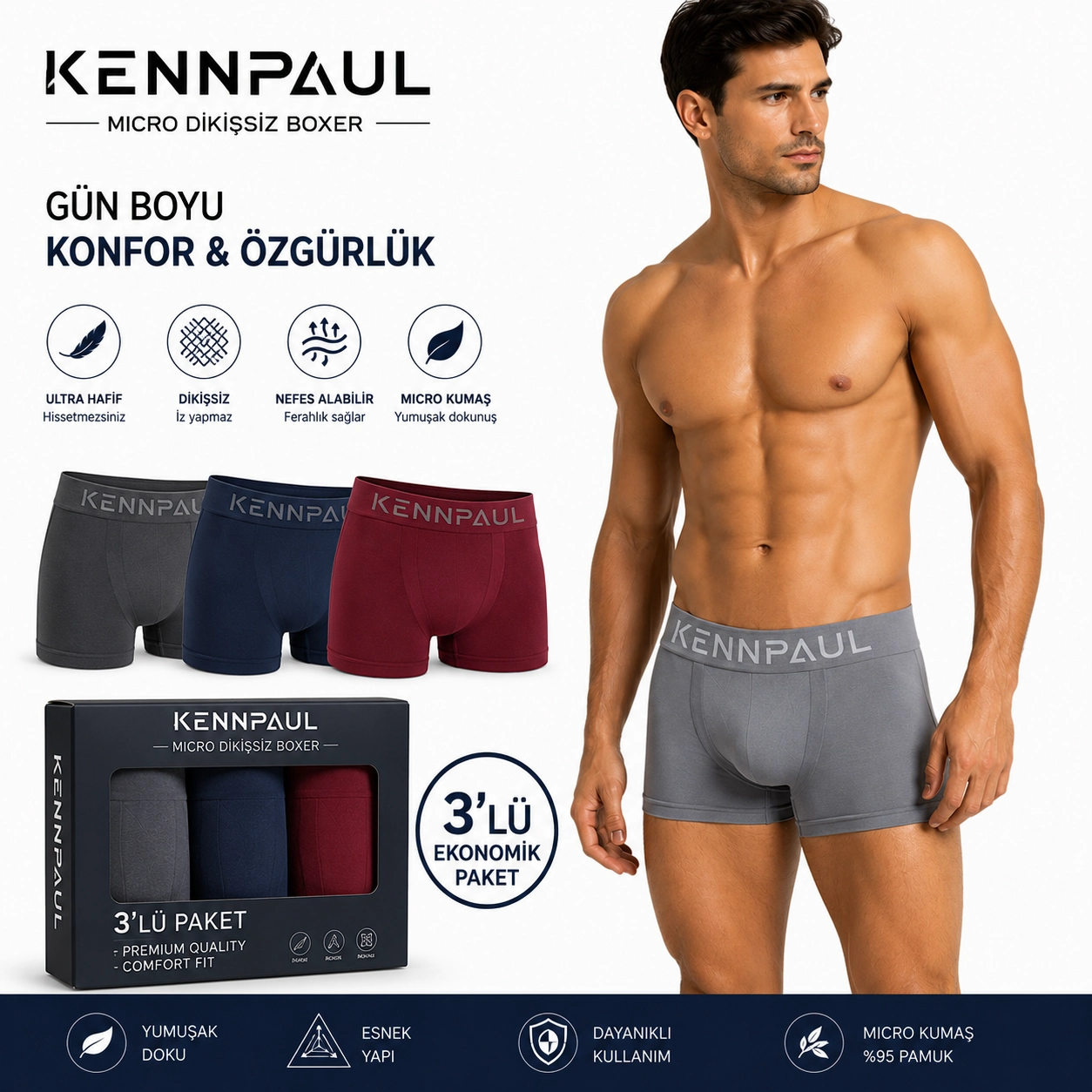 Kennpaul%20Mikro%20Dikişsiz%20Erkek%20Boxer%203%20Lü%20Paket